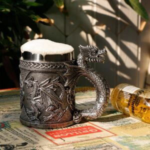 alikiki Medieval GOT Dragon Mug - Dragons Coffee Mug Gifts for Men - 14OZ Stainless Drinking Cup Beer Steins Dragon Themed Party Decoration