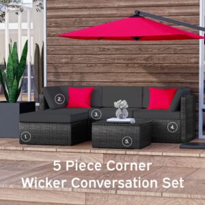 Nestl Outdoor Patio Furniture Set – Outdoor Furniture Patio Set, 5 Piece Patio Furniture Sets with Outdoor Couch, Outdoor Sectional Patio Seating with Gray Cushions, Black Wicker Patio Furniture Sets