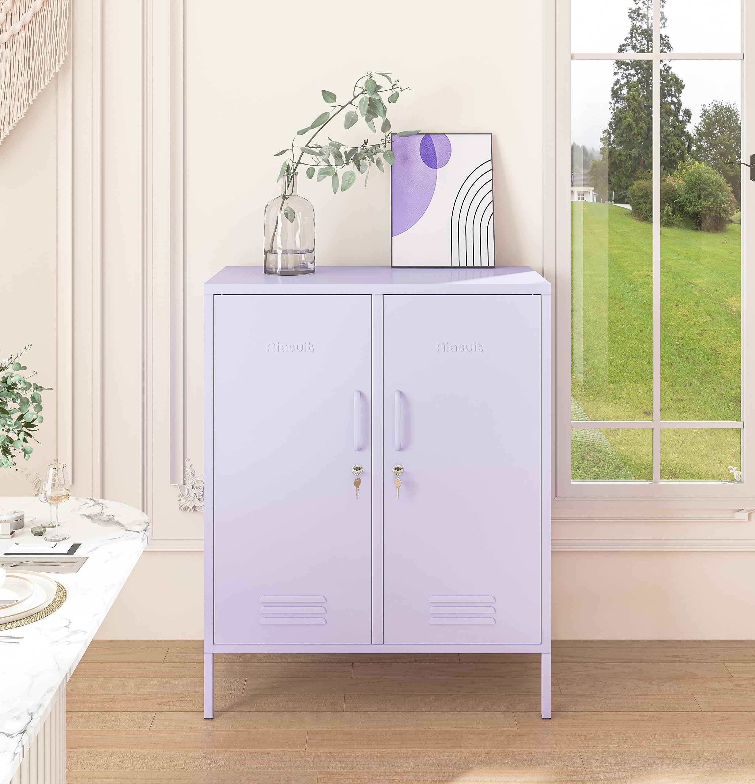 Aiasuit 2 Doors Lockable Metal Storage Cabinet 3 Tiers Shelf Multifunctional Storage Organizer Detachable Shelves Easy to Assemble Purple Size: 39.37”H x 31.5”W x 14.96”D