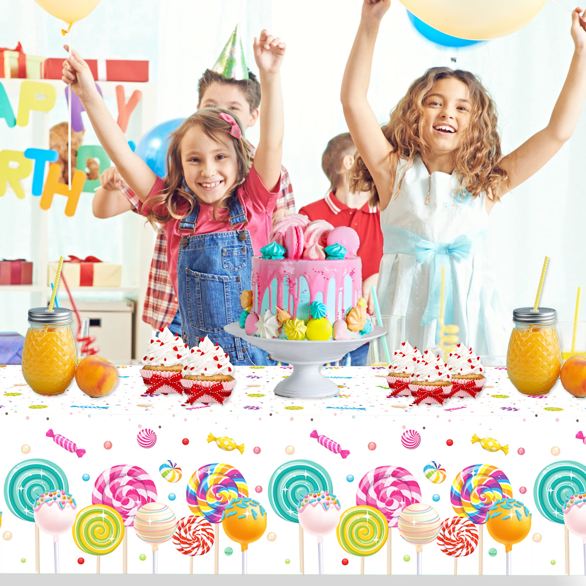 2Pcs Candyland Plastic Tablecloth Sweet Candy Lollipop Plastic Tablecloth Candy Lollipops Tablecloth for Candyland Themed Birthday Party Baby Shower Decoration,Lollipop Birthday Party,54x87In (ZB231)