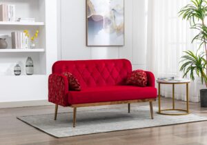 homjoones 55.12" accent sofa, velvet sofa, mid century modern velvet fabric couch, recliner couch accent sofa loveseat sofa with gold metal feet (red)