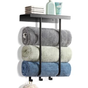 towel racks for bathroom wall mounted, mooace 2 bar adhesive rolled towel storage holders with metal shelf,metal bathroom organizer for folded towel - black