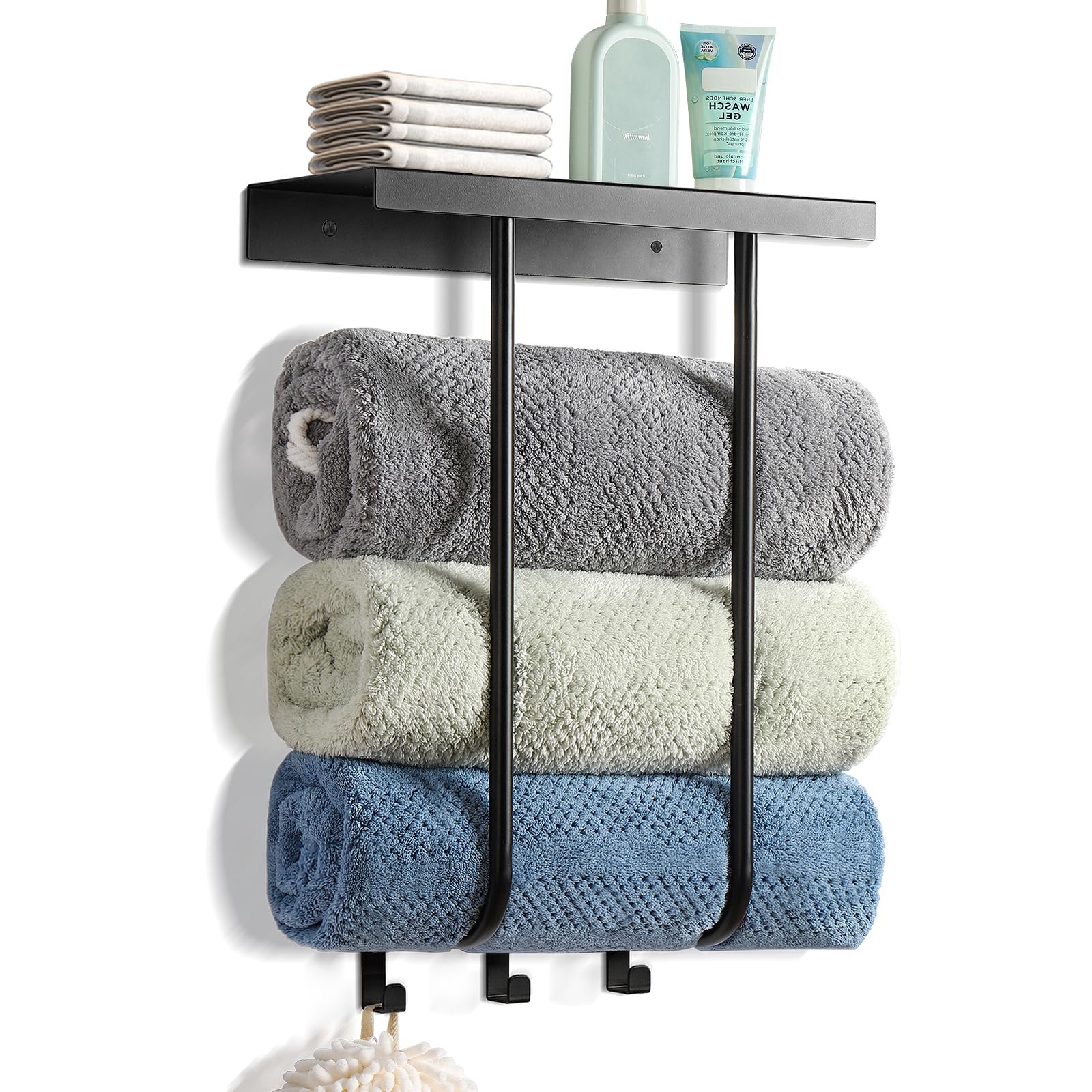 Towel Racks for Bathroom Wall Mounted, MOOACE 2 Bar Adhesive Rolled Towel Storage Holders with Metal Shelf,Metal Bathroom Organizer for Folded Towel - Black