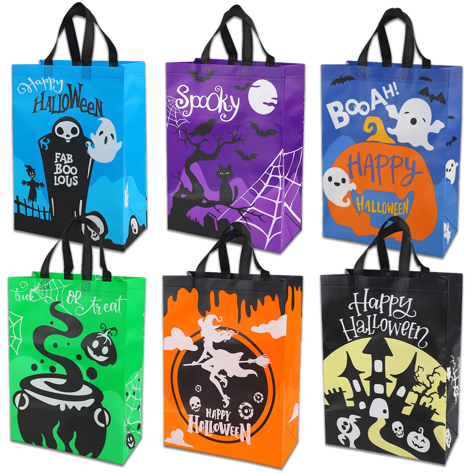 DERAYEE 6 Pcs Halloween Trick or Treat Bags, Large Non-Woven Halloween Tote Bags with Handles, Reusable Goodie Gift Bags Multipurpose Bags for Halloween Party Favors Supplies (15.6" x 11.6" x 5.9")