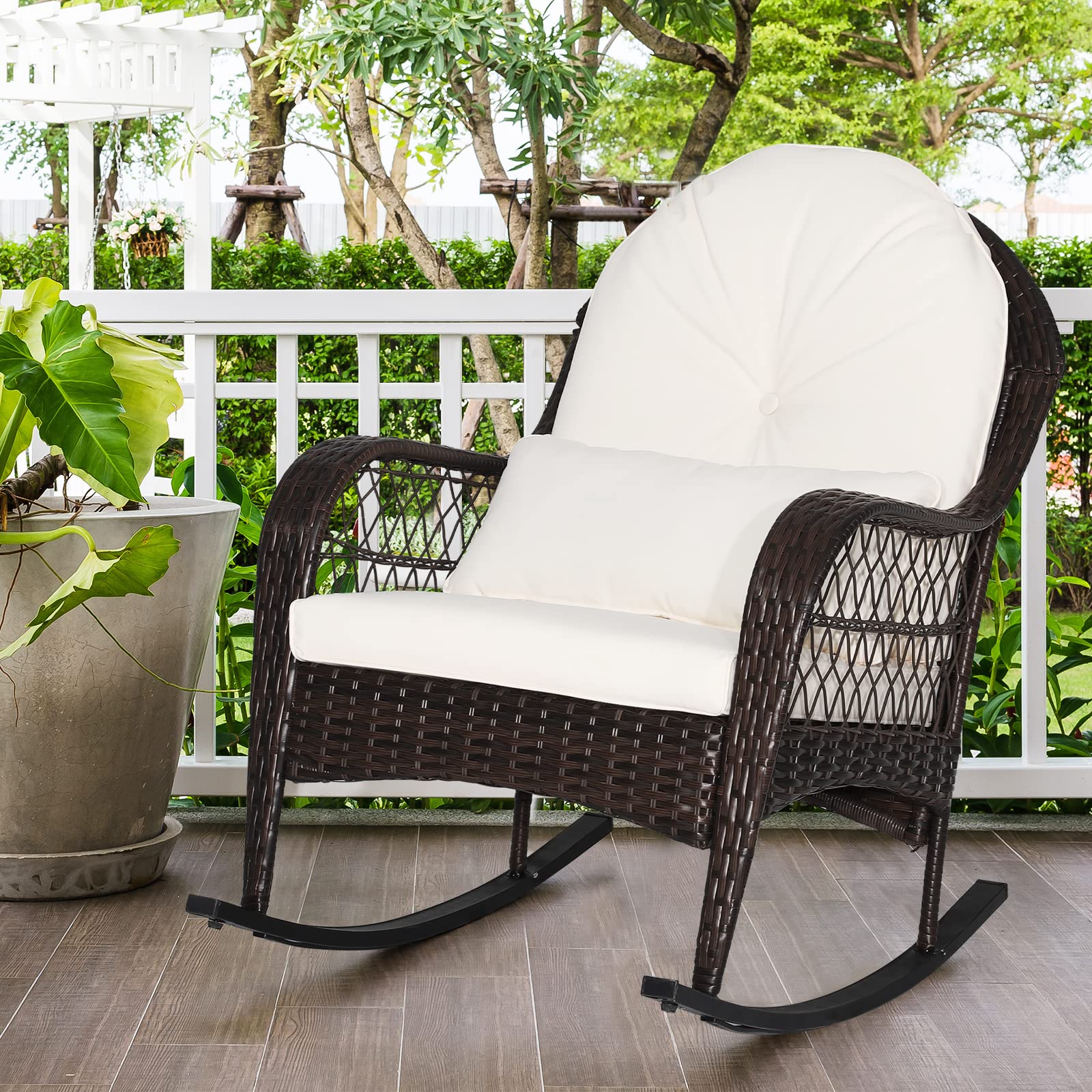 ORALNER Patio Wicker Rocking Chair, Outdoor PE Rattan Rocker with Seat and Back Cushion, Waist Pillow, Armrests, Garden Chair for Porch, Backyard, Poolside, Deck (1, Off White)