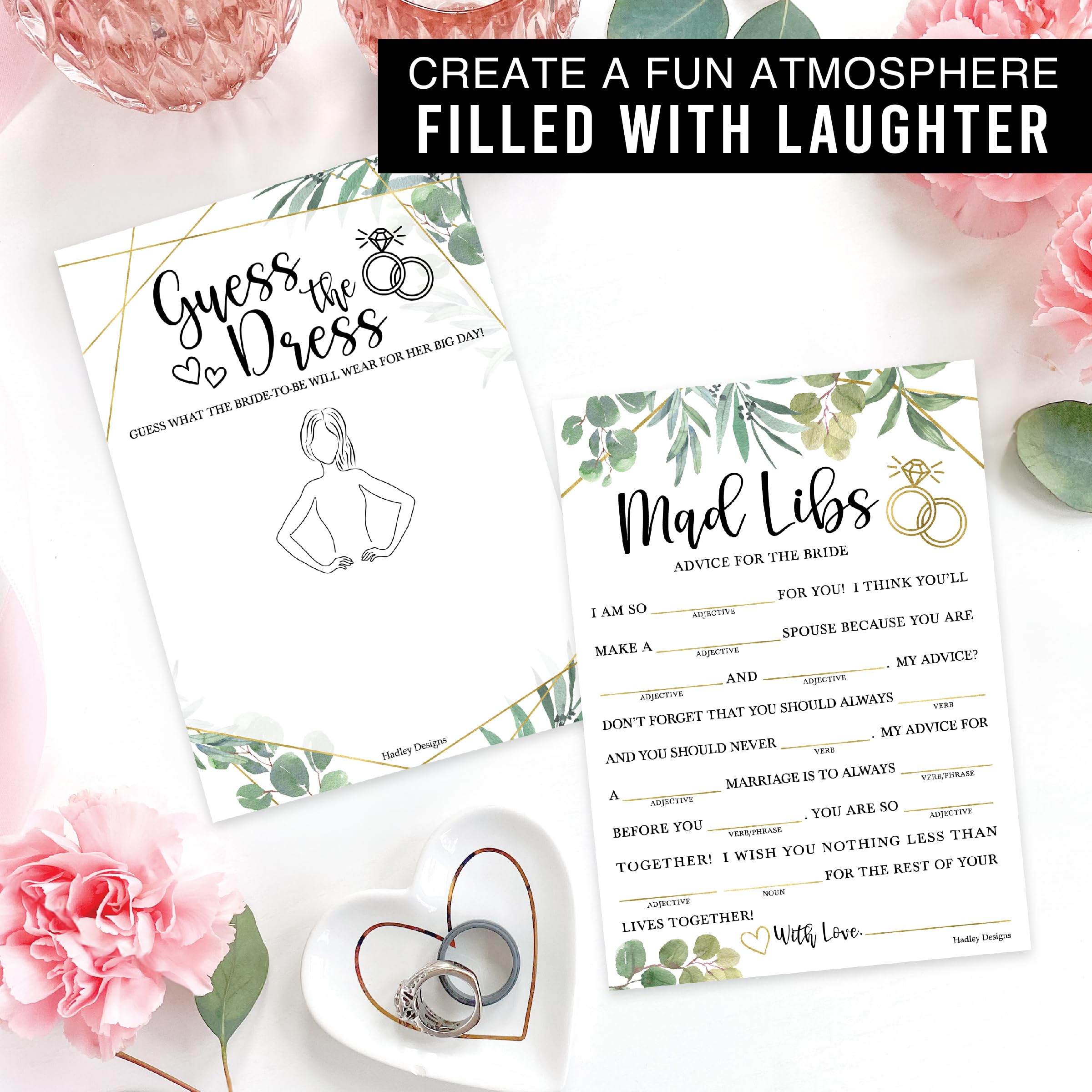 Hadley Designs 20 Greenery Bridal Shower Games For Guests - Hilarious Bridal Shower Games 20 Guests, Couples Wedding Shower Games, Guess The Dress Set, Advice Cards For Bridal Shower Mad Libs