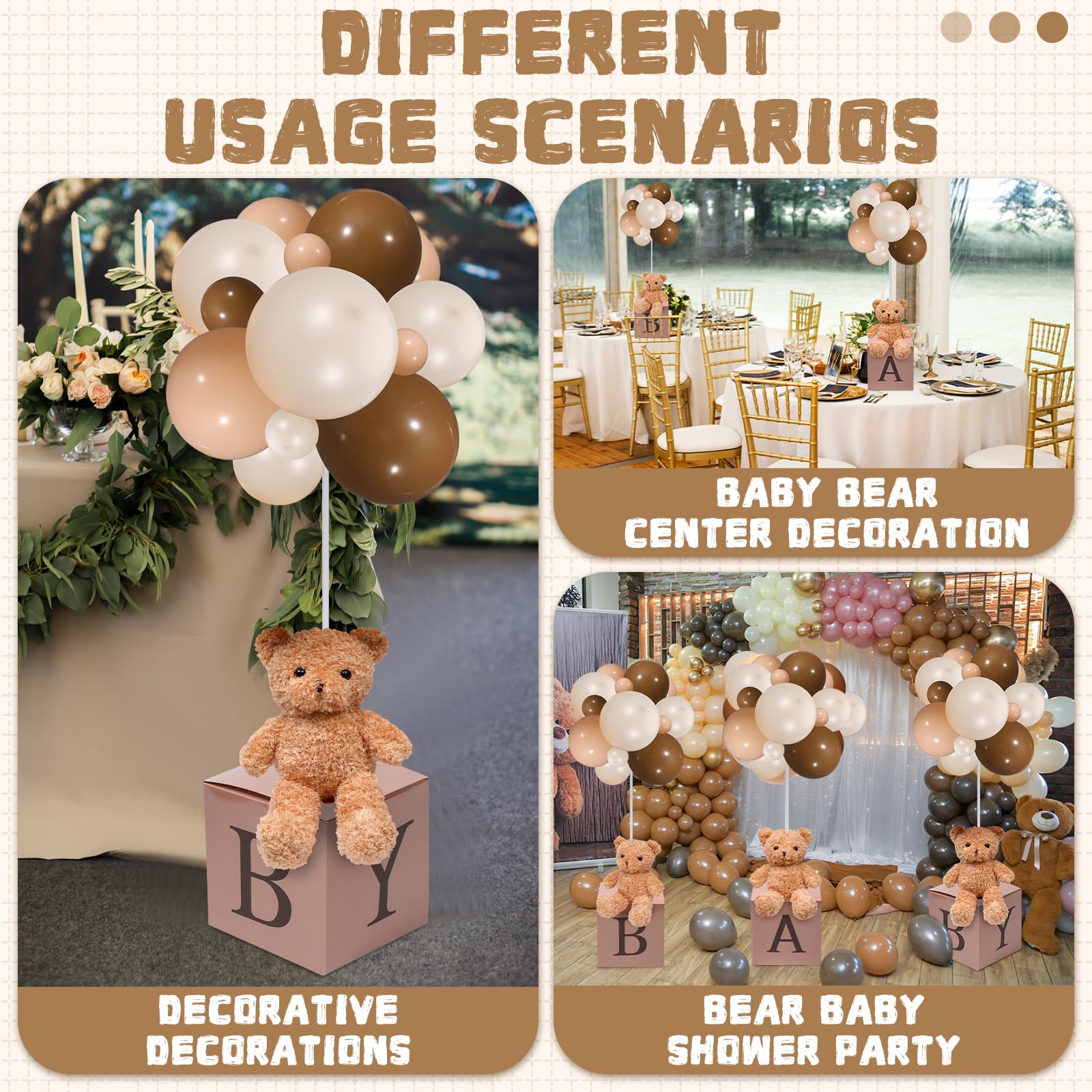 Lenwen 3 Sets Jungle Animal Decoration for Baby Shower, Baby Letter Boxes Baby Shower Table Centerpiece Stuffed Animals Balloon with Stand Animal Plush Baby Boxes for Party(Bear, Brown)