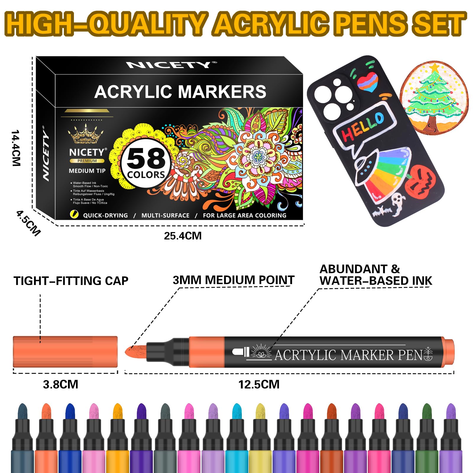 NICETY 58 Colors Acrylic Paint Pens Paint Markers, 3mm Medium Tip Point Acrylic Paint Pens for Rock Painting, Canvas, Wood, Ceramic, Glass, Stone, Fabric, DIY Crafts & Art Supplies