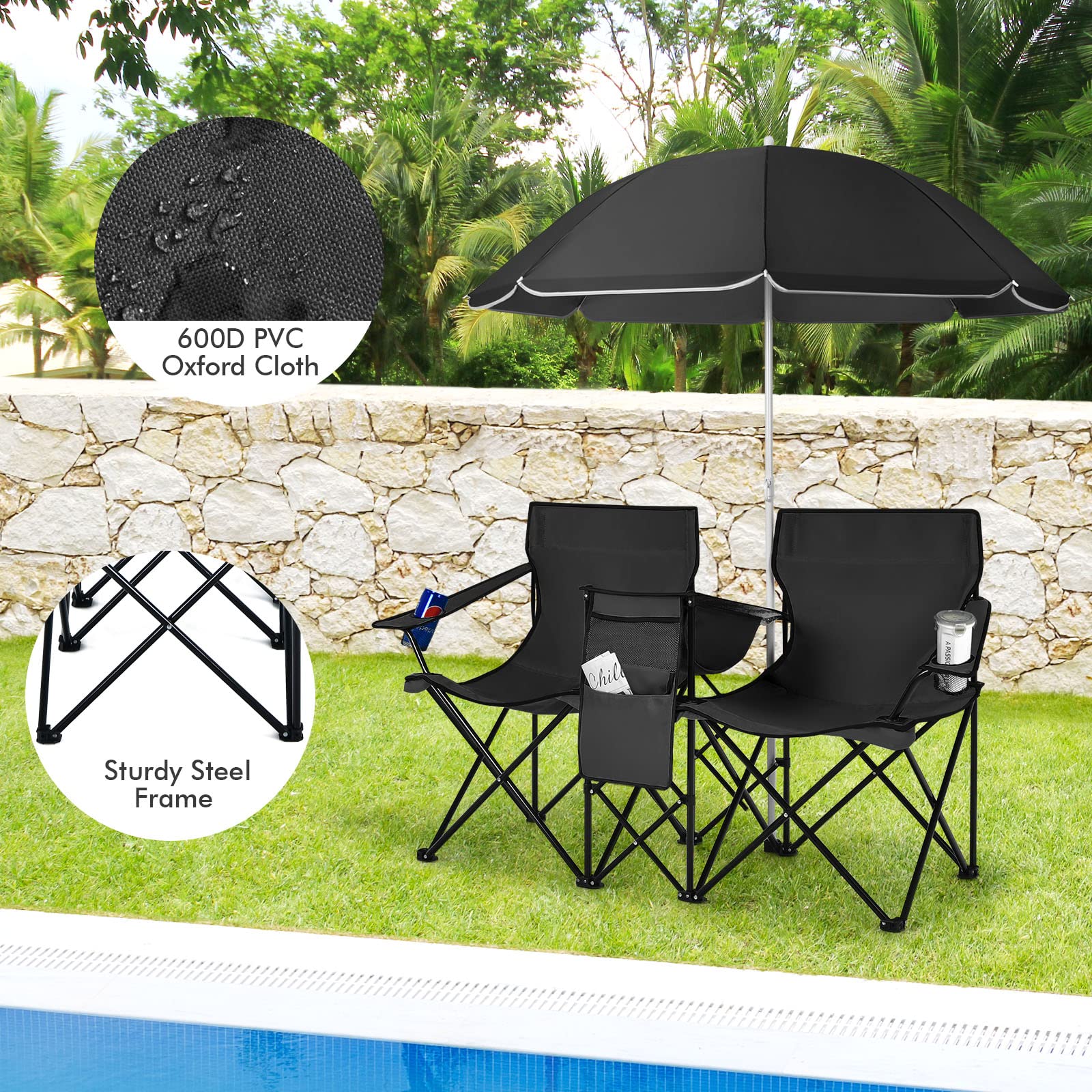 Double Portable Picnic Chairs, Black