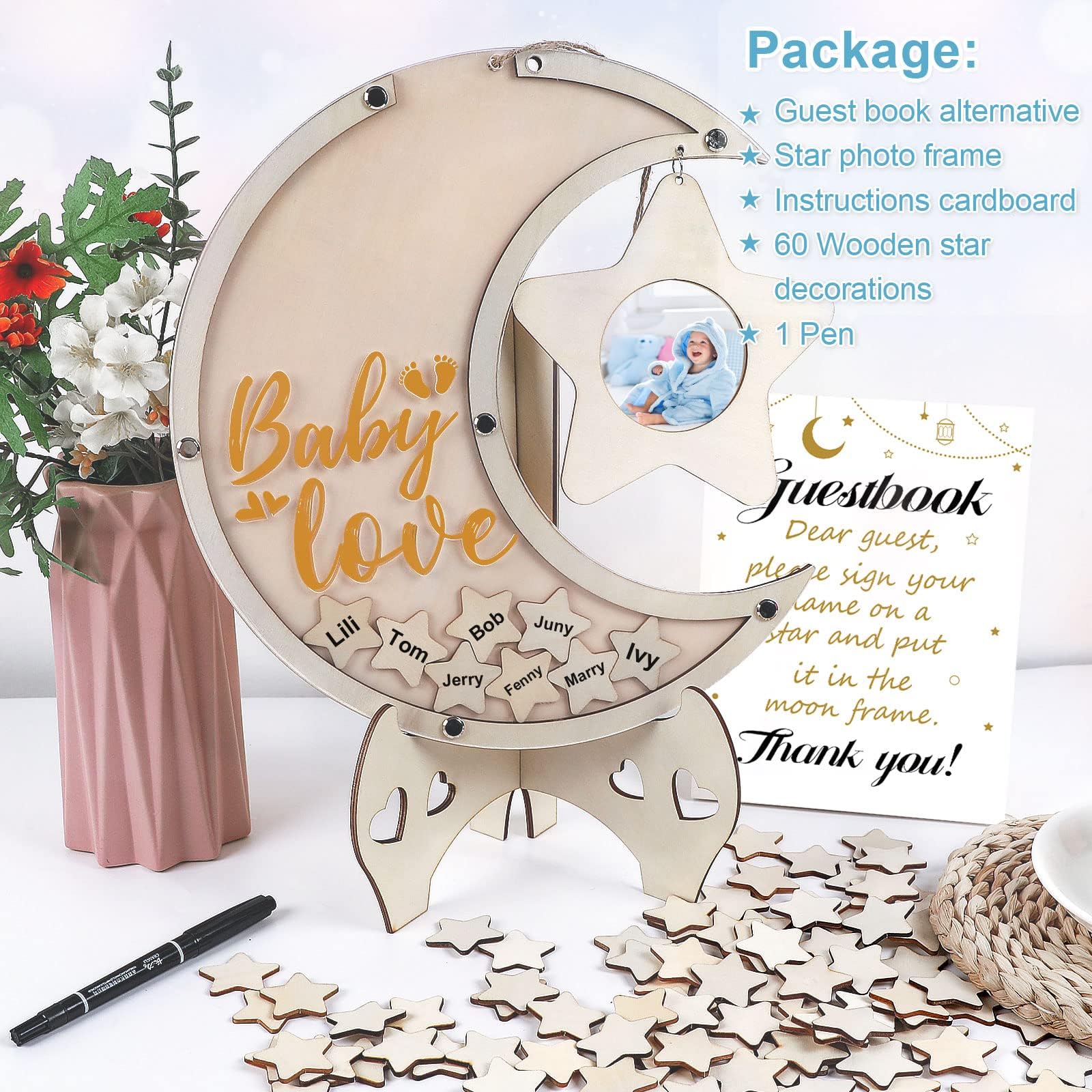 Baby Shower Guest Book Alternatives Moon Guest Book for Baby Shower Guest Book Frame with Star Baby Shower Decorations Guest Book Alternative for Wedding Boys Girls Birthday Party Keepsake(Brown)