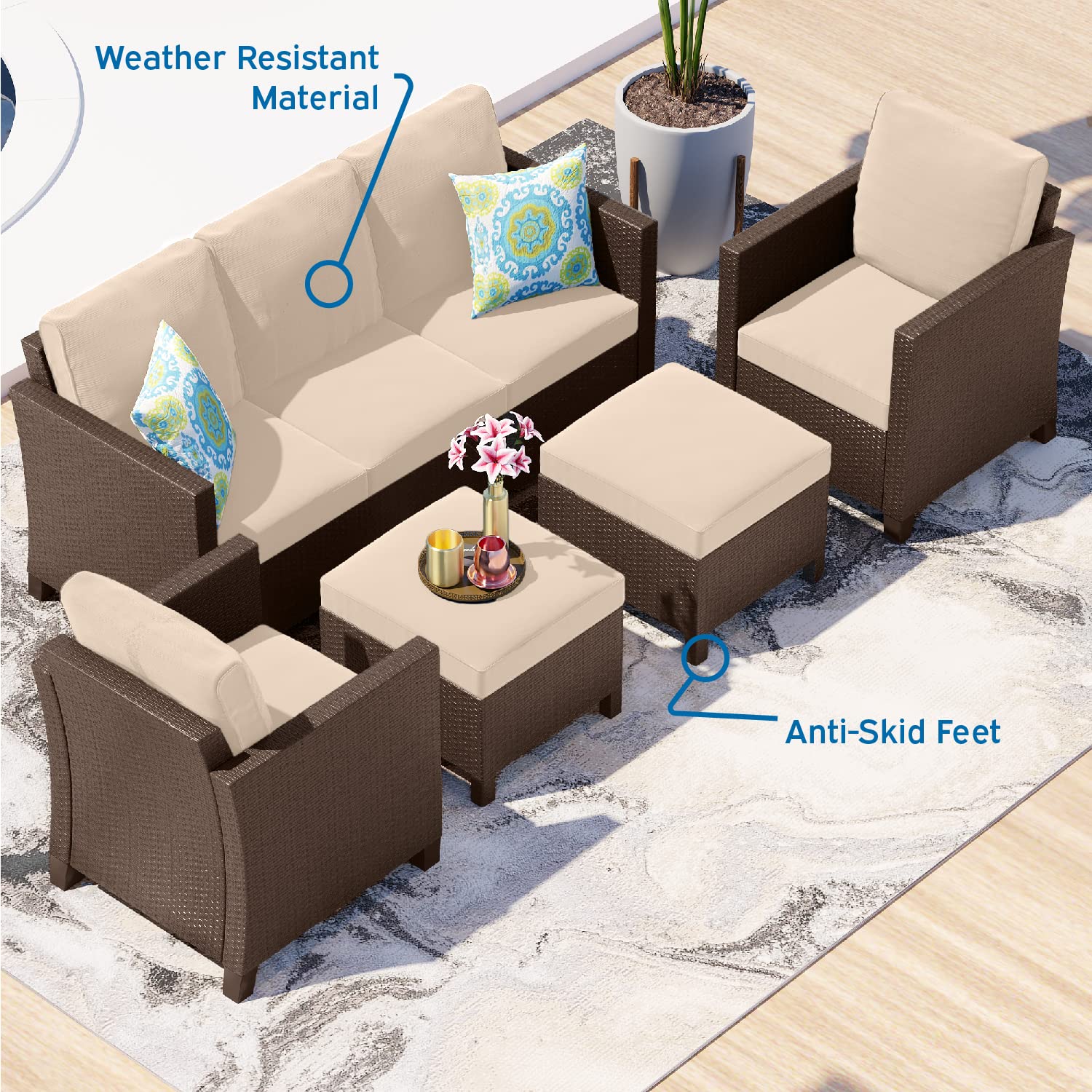 Nestl Patio Furniture Set - Outdoor Patio Furniture Sets, Patio Sectional Furniture Set, 5 Piece Patio Furniture Sets, Patio Conversation Sets, Brown Wicker Patio Furniture Sets with Beige Cushions