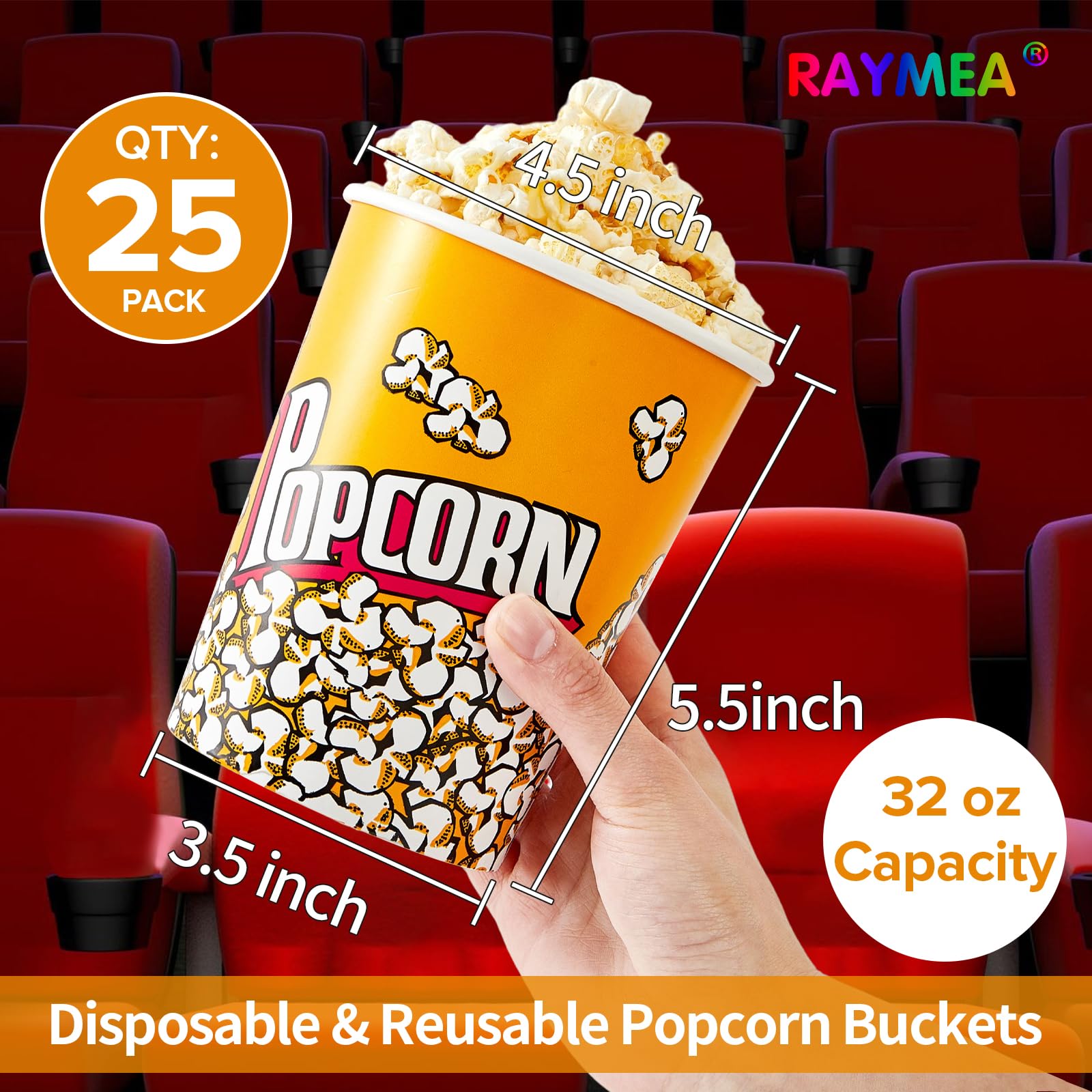 RAYMEA Popcorn Buckets Disposable 32oz Retro Style Paper 25 Pack Leak Proof Popcorn Containers Popcorn Bowls for Family Movie Night & Party