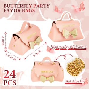 Dandat 24 Pcs PU Leather Bowknot Gift Boxes 5x3 Inch Reusable Candy Gift Favor Boxes with Bow Mini Bowknot Handbag Purse Gift Bags with Handles for Wedding Baby Shower Birthday Party Favor Bag (Pink)