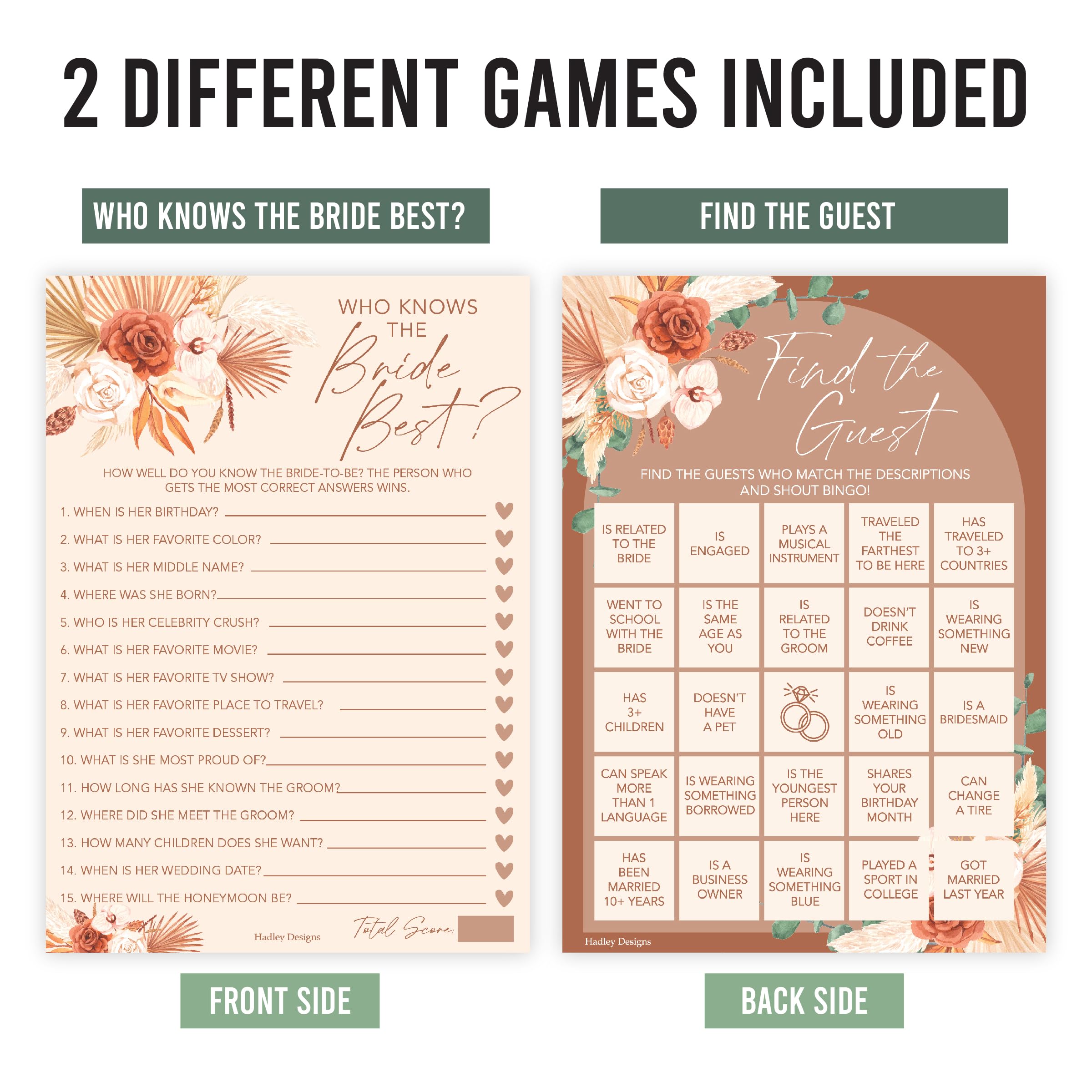 Hadley Designs 20 Boho Hilarious Bridal Shower Games for 20 Guests - Couples Wedding Shower Games, Games for Bridal Shower Bingo Game, Who Knows The Bride Best Bridal Shower Game...