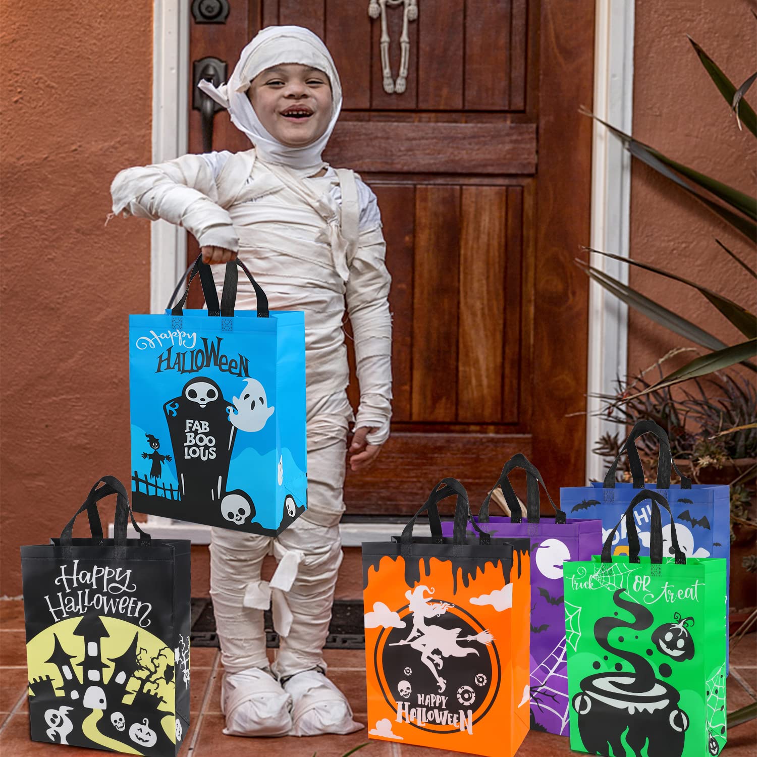 DERAYEE 6 Pcs Halloween Trick or Treat Bags, Large Non-Woven Halloween Tote Bags with Handles, Reusable Goodie Gift Bags Multipurpose Bags for Halloween Party Favors Supplies (15.6" x 11.6" x 5.9")