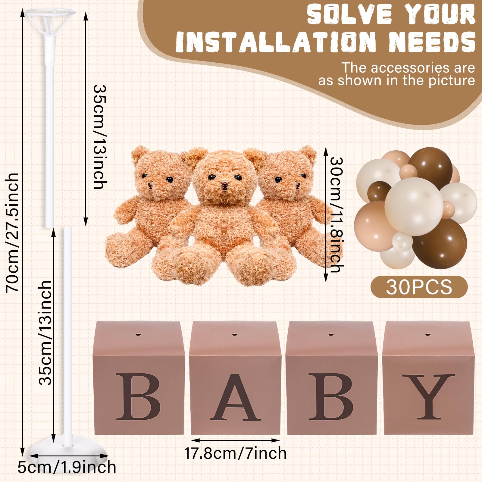 Lenwen 3 Sets Jungle Animal Decoration for Baby Shower, Baby Letter Boxes Baby Shower Table Centerpiece Stuffed Animals Balloon with Stand Animal Plush Baby Boxes for Party(Bear, Brown)