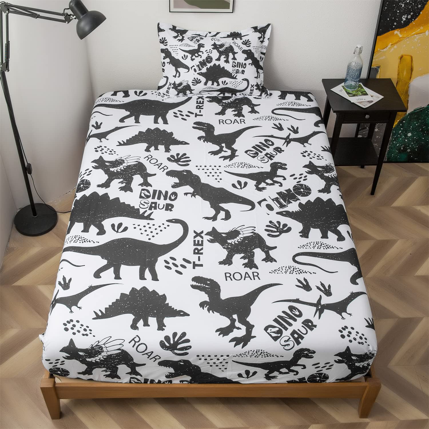 lishjekee Dinosaur Bed Sheets Twin Boys Dino Sheet Set Kids Jungle Bedding Set 3Pieces Black and White T-Rex Bed Sheet Set with 1 Pillowcase 1 Flat Sheet 1 Fitted Sheet