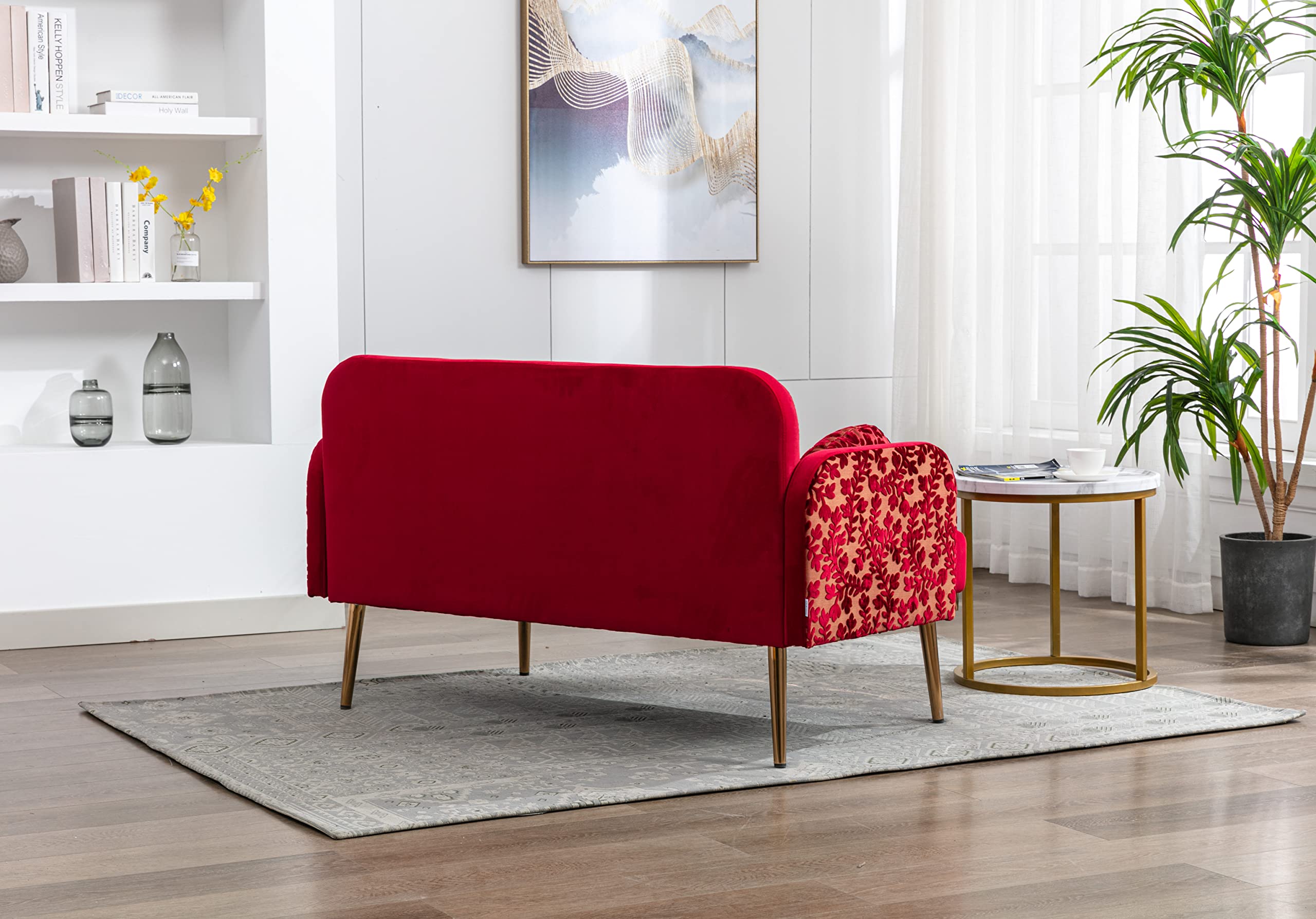 HomJoones 55.12" Accent Sofa, Velvet Sofa, Mid Century Modern Velvet Fabric Couch, Recliner Couch Accent Sofa Loveseat Sofa with Gold Metal Feet (Red)