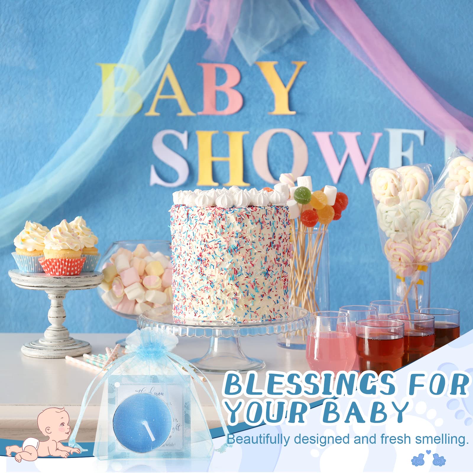 50 Sets Baby Shower Party Favors Including 50 Pcs Unscented Tealight Baby Shower Candles 50 Pcs Gift Bags 50 Pcs Baby Shower Cards for Baby Shower Gender Reveal Party Supplies (Blue)