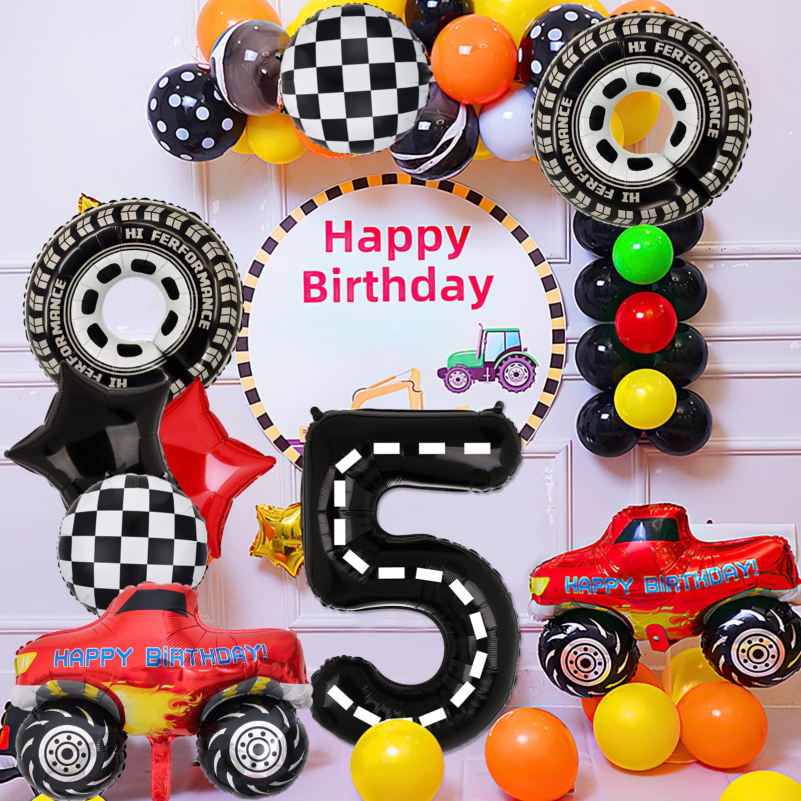 Truck Party Decorations, 9pcs Truck Birthday Number Foil Balloon for Truck 4th Birthday Race Car Theme Party Supplies (4th)