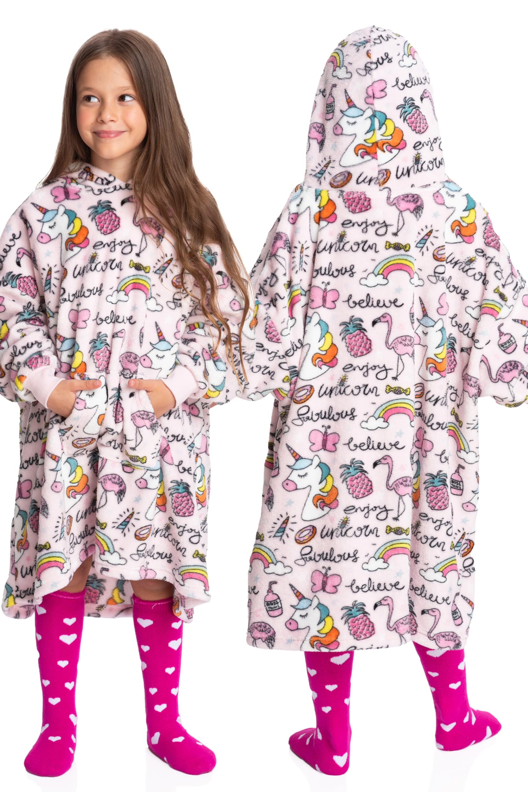 Mad Dog Kids Blanket Hoodie - Wearable Blankets with Cozy Sleeves, Soft Fleece & Sherpa Designs, for Boys & Girls, Ages 4-13, Unicorn, 4-7 Years