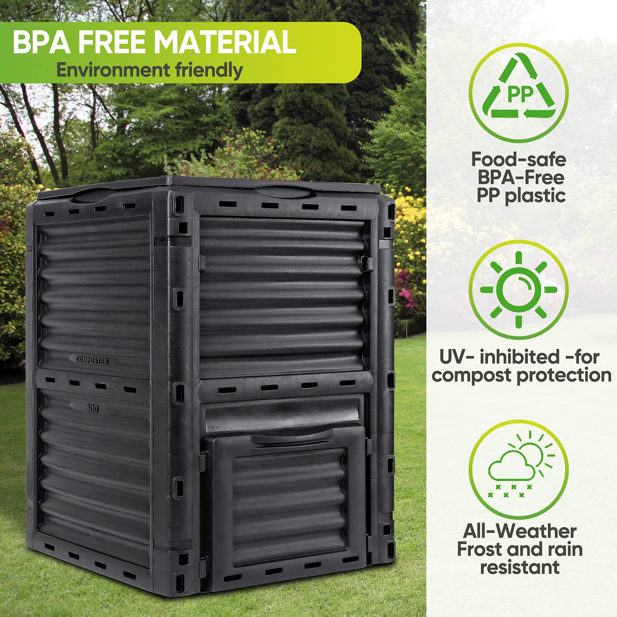 HomGarden 80 Gallon (300 L) Compost Bin from BPA Free Material, Easy Assemble Lightweight & Large Capacity, Outdoor Garden Compost Box, Fast Creation of Fertile Soil, Black