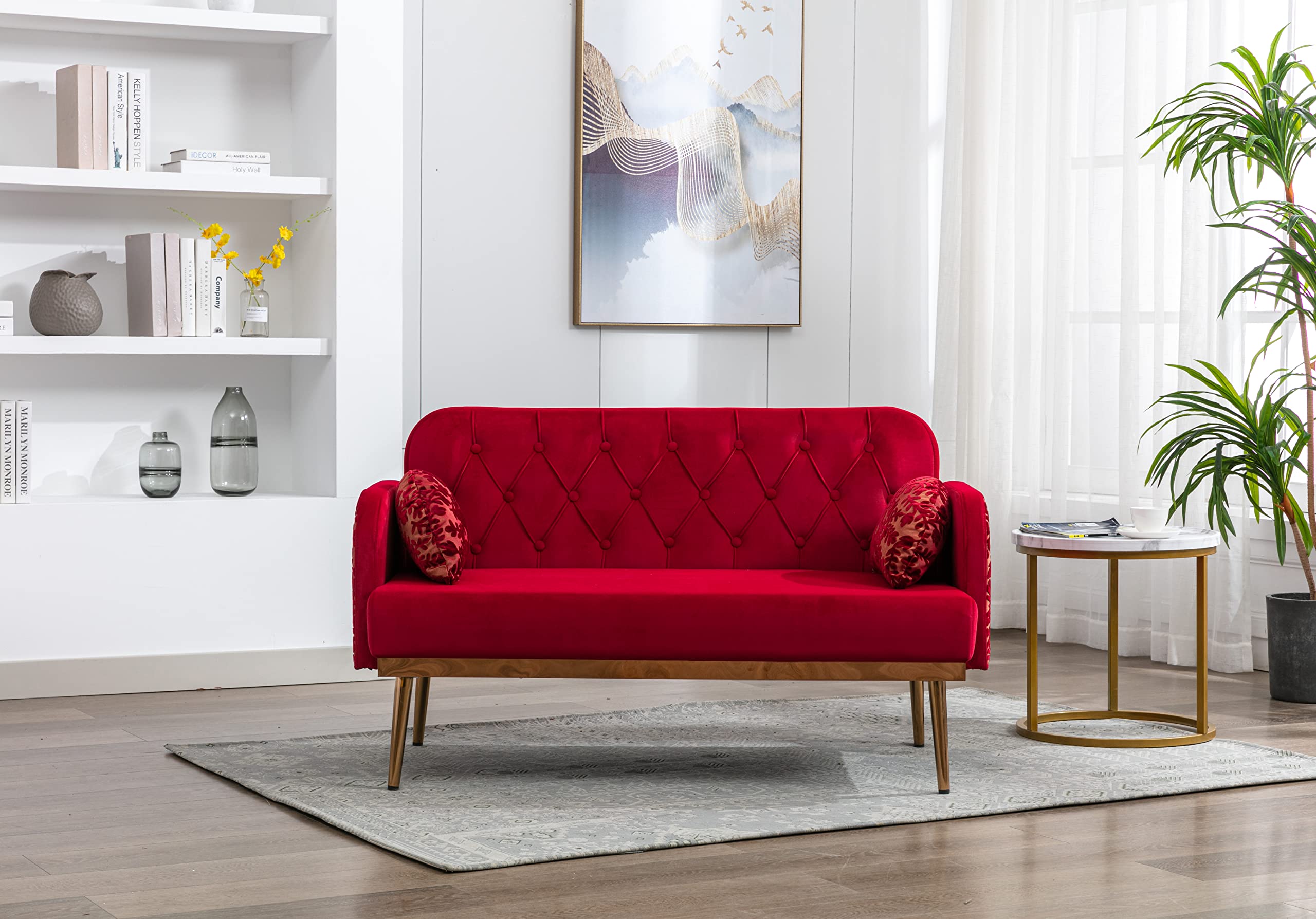 HomJoones 55.12" Accent Sofa, Velvet Sofa, Mid Century Modern Velvet Fabric Couch, Recliner Couch Accent Sofa Loveseat Sofa with Gold Metal Feet (Red)