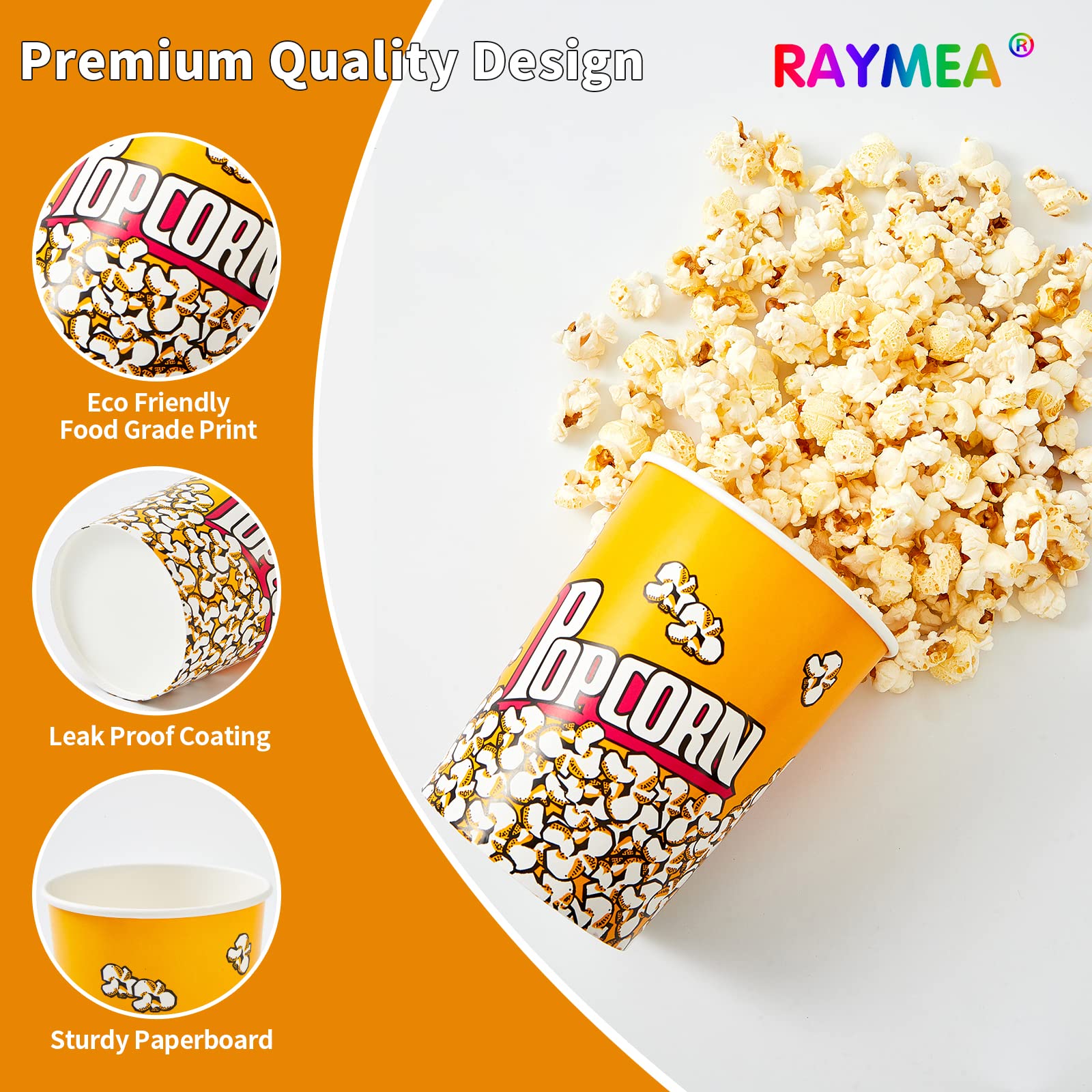 RAYMEA Popcorn Buckets Disposable 32oz Retro Style Paper 25 Pack Leak Proof Popcorn Containers Popcorn Bowls for Family Movie Night & Party