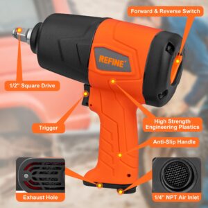 REFINE 1/2 Inch Air Impact Wrench, Air Impact Gun with Max Torque 663 ft-lbs,Reversible,Twin Hammer,Pneumatic Impact Gun for Automobile Industry,Changing Tires