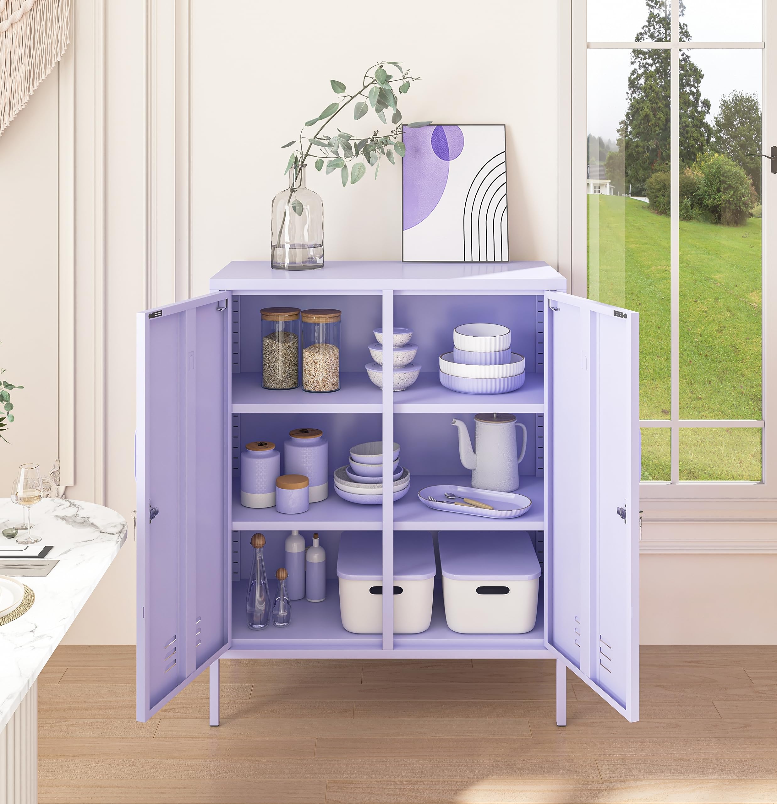 Aiasuit 2 Doors Lockable Metal Storage Cabinet 3 Tiers Shelf Multifunctional Storage Organizer Detachable Shelves Easy to Assemble Purple Size: 39.37”H x 31.5”W x 14.96”D