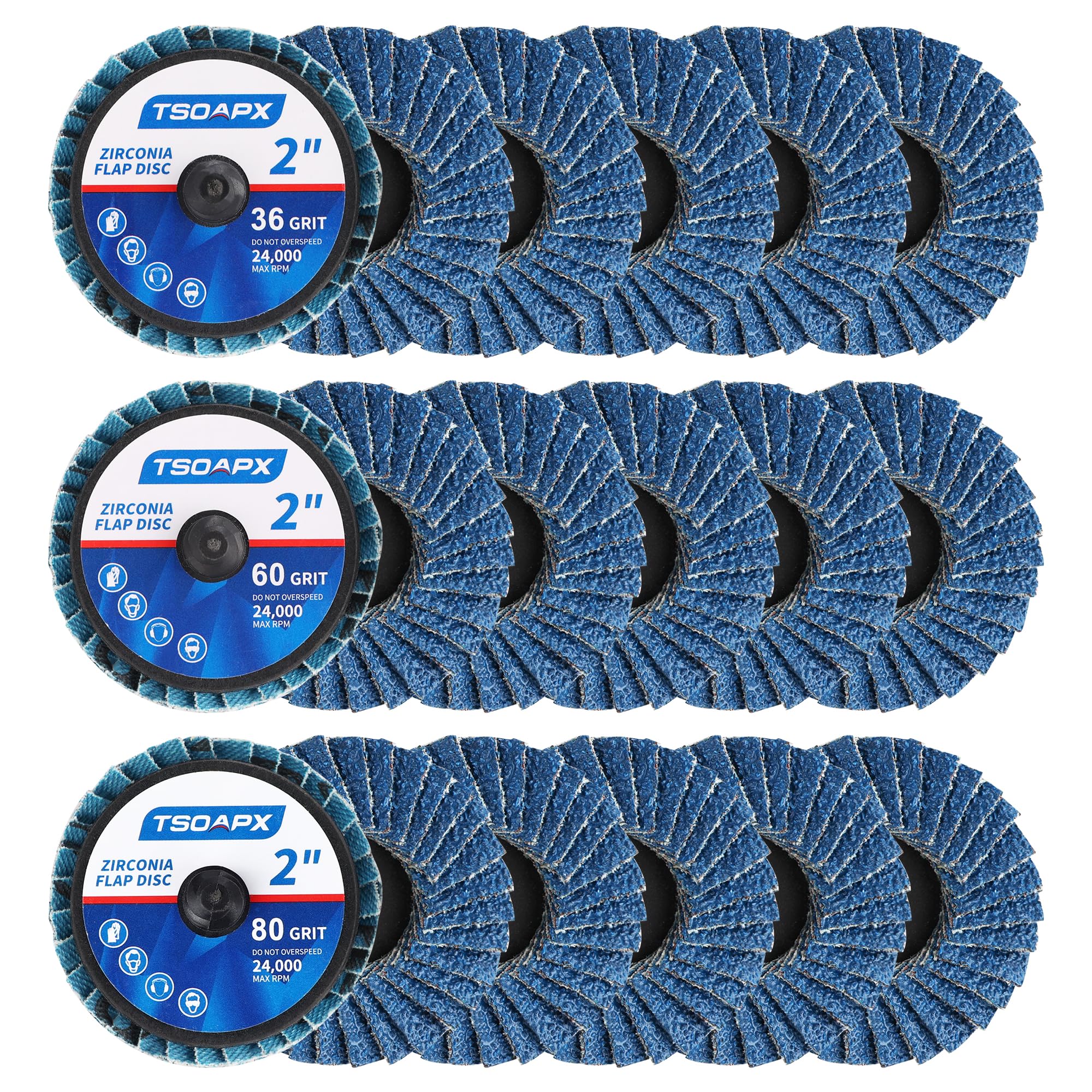 TSOAPX 15 PCS Flap Disc Set, 2" Zirconia Blue Flat Flap Discs Roll Lock Grinding Sanding Sandpaper Wheels Grit 36/60/80, Surface Prep Discs for Angle Grinder Strip Rust Paint Removal