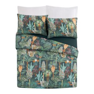 Jungalow Phoenix Cotton Duvet Cover Set, Reversible Green Duvet Cover Set, Botanical Bedding Comforter Cover, 3 Pieces, 1 Duvet Cover and 2 Pillow Shams, King Size