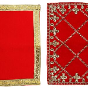 Set of 2 Red Velvet Pooja Cloth Mat Aasan Decorative Cloth (Size:-7 Inches X 10 Inches,) for Multipurpose Puja Indian Traditional Festival Decorations Item and Article Gift