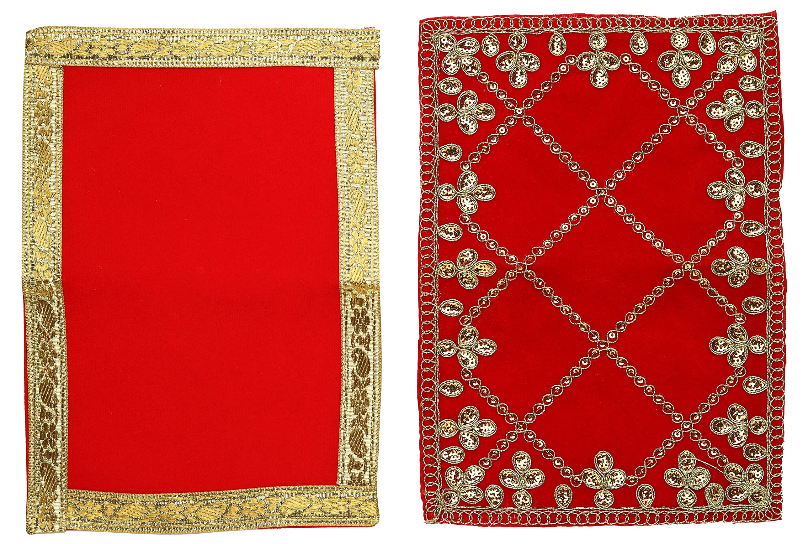 Set of 2 Red Velvet Pooja Cloth Mat Aasan Decorative Cloth (Size:-7 Inches X 10 Inches,) for Multipurpose Puja Indian Traditional Festival Decorations Item and Article Gift