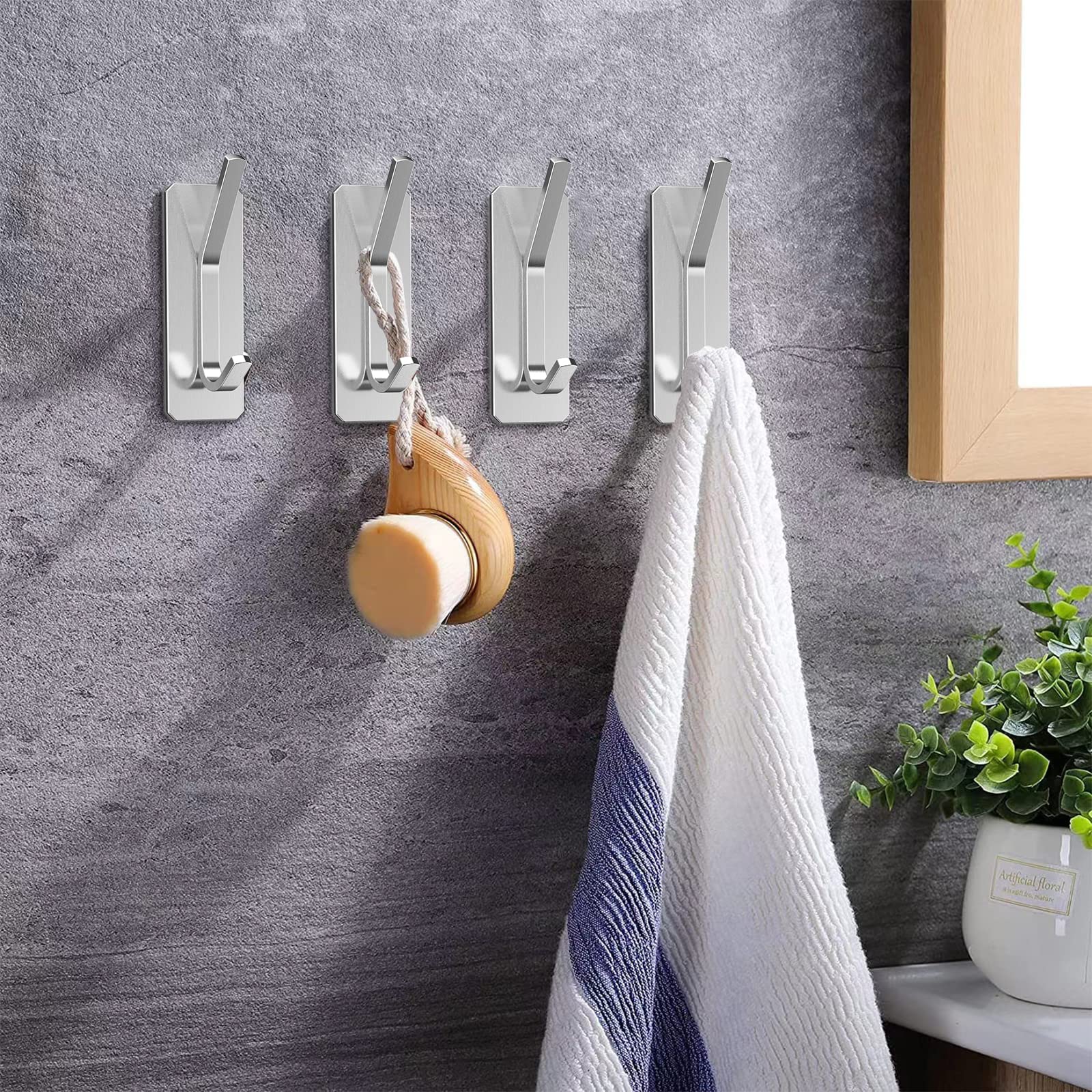 KIKISML [4 Pack Adhesive Hooks, Towel Hanger/Stainless Coat Hooks, Heavy Duty Stick on Hooks, Waterproof Sticky Hooks for Hanging Bathroom Kitchen Door, Silver