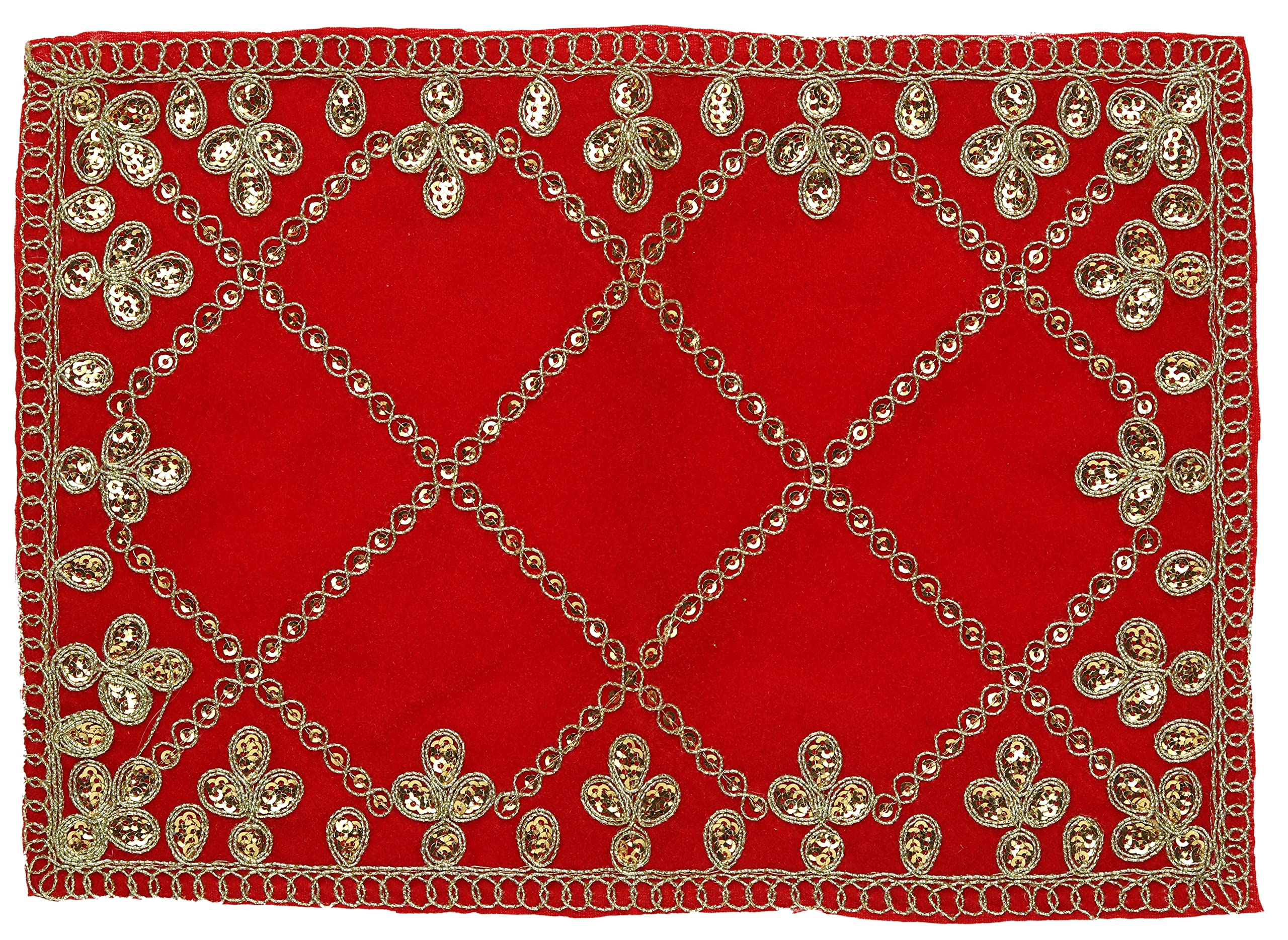 Set of 2 Red Velvet Pooja Cloth Mat Aasan Decorative Cloth (Size:-7 Inches X 10 Inches,) for Multipurpose Puja Indian Traditional Festival Decorations Item and Article Gift