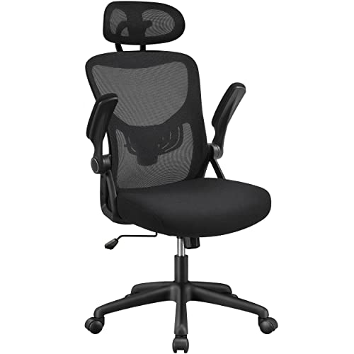 Topeakmart Mesh Office Chair Computer Desk Chair with Folding Padded Armrests and High Back Adjustable Headrest Ergonomic Task Chair with Movable Lumbar Support for Work Home and Study, Black