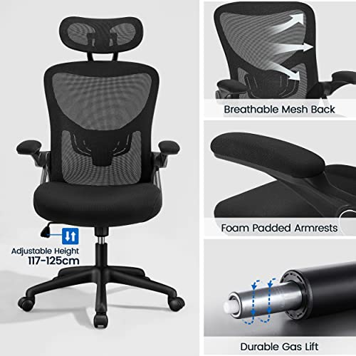 Topeakmart Mesh Office Chair Computer Desk Chair with Folding Padded Armrests and High Back Adjustable Headrest Ergonomic Task Chair with Movable Lumbar Support for Work Home and Study, Black