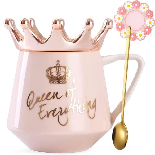 Arawat Pink Queen of Everything Mug with Lid Cute Pink Mug with Crown Tea Coffee Mug Gift with Spoon & Coaster 350ml Ceramic Mug Birthday Gift for Women Girls Mom Friend