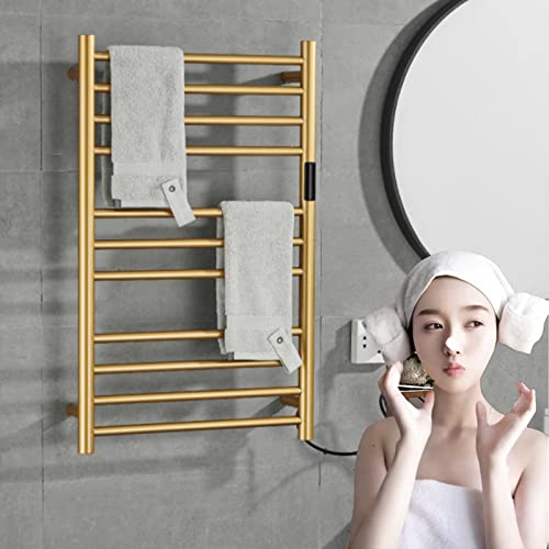 DUDYP Heated Towel Rack Gold Freestanding & Wall Mounted Electric Towel Warmer Drying Rack for Bathroom, Built-in Timer and LED Indicator, 11 Bar Plug-in 304 Stainless Steel Heated Towel Rail