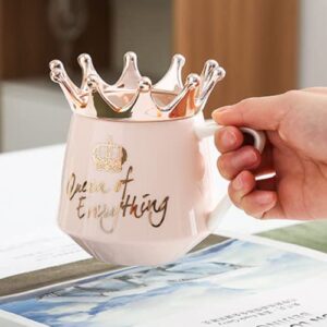 Arawat Pink Queen of Everything Mug with Lid Cute Pink Mug with Crown Tea Coffee Mug Gift with Spoon & Coaster 350ml Ceramic Mug Birthday Gift for Women Girls Mom Friend