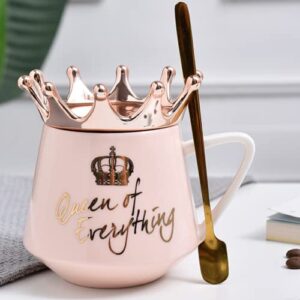 Arawat Pink Queen of Everything Mug with Lid Cute Pink Mug with Crown Tea Coffee Mug Gift with Spoon & Coaster 350ml Ceramic Mug Birthday Gift for Women Girls Mom Friend