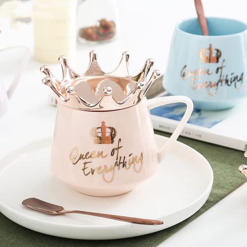 Arawat Pink Queen of Everything Mug with Lid Cute Pink Mug with Crown Tea Coffee Mug Gift with Spoon & Coaster 350ml Ceramic Mug Birthday Gift for Women Girls Mom Friend