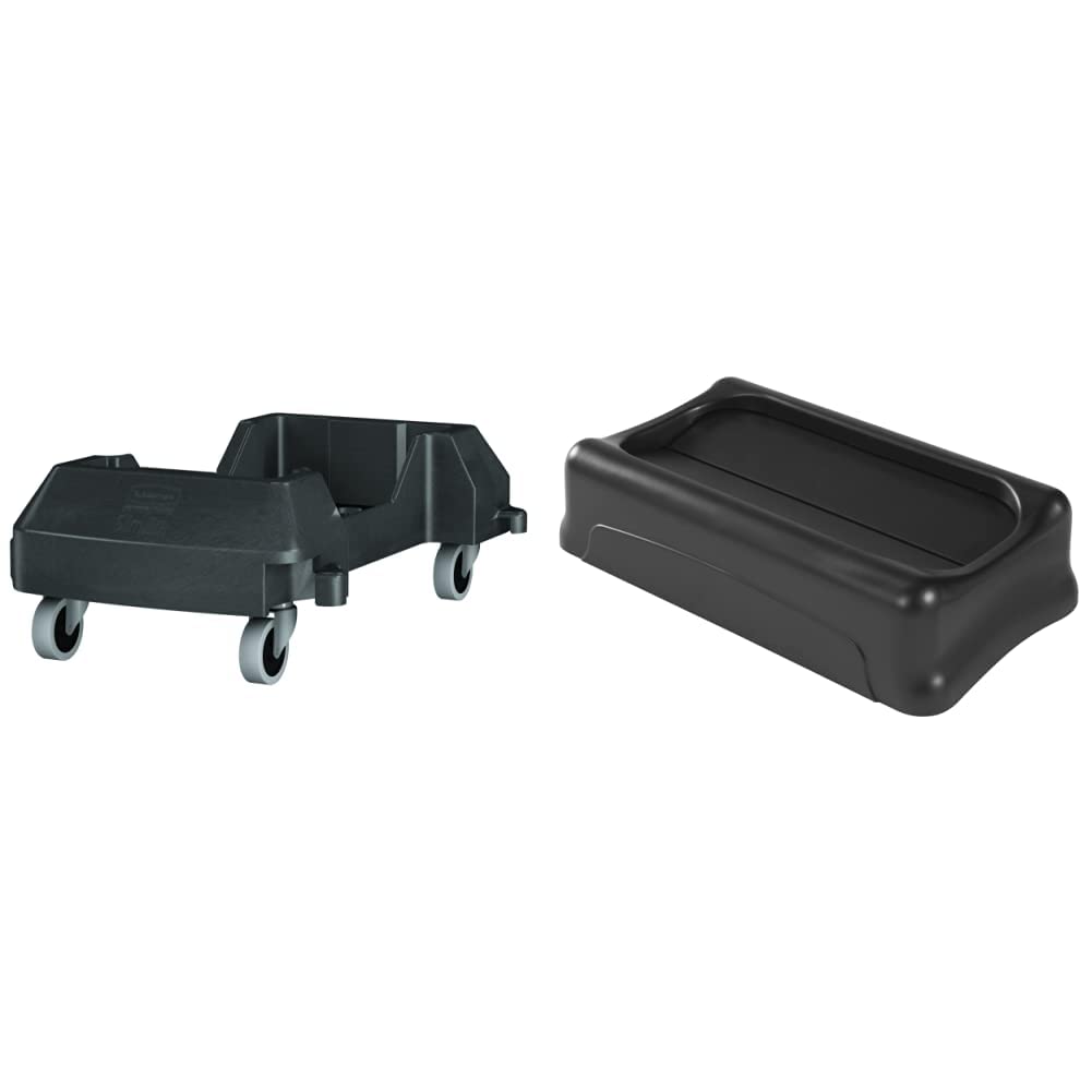 Rubbermaid Commercial Slim Jim Trash Can Trolley/Dolly and Swing Lid Bundle