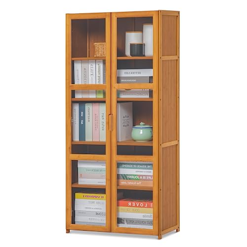 Magshion Bamboo 5-Tier Shelf Living Room Storage Tall Bookcase Cabinet with Clear Doors, Brown 23.5" L x 11.9" W x 50" H Home Office Multipurpose Tower Media Organizer Bookshelf