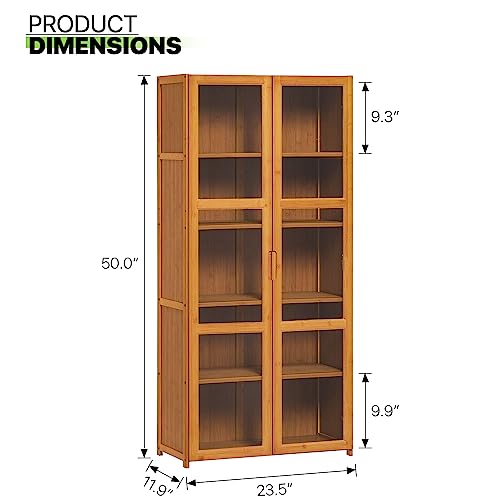 Magshion Bamboo 5-Tier Shelf Living Room Storage Tall Bookcase Cabinet with Clear Doors, Brown 23.5" L x 11.9" W x 50" H Home Office Multipurpose Tower Media Organizer Bookshelf