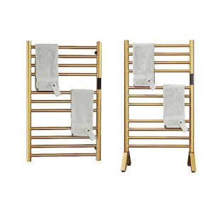 dudyp heated towel rack gold freestanding & wall mounted electric towel warmer drying rack for bathroom, built-in timer and led indicator, 11 bar plug-in 304 stainless steel heated towel rail