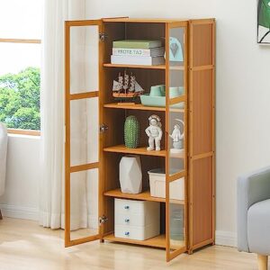 Magshion Bamboo 5-Tier Shelf Living Room Storage Tall Bookcase Cabinet with Clear Doors, Brown 23.5" L x 11.9" W x 50" H Home Office Multipurpose Tower Media Organizer Bookshelf