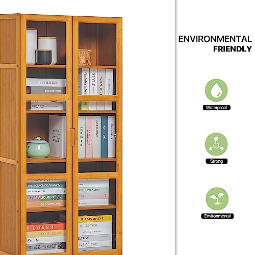 Magshion Bamboo 5-Tier Shelf Living Room Storage Tall Bookcase Cabinet with Clear Doors, Brown 23.5" L x 11.9" W x 50" H Home Office Multipurpose Tower Media Organizer Bookshelf