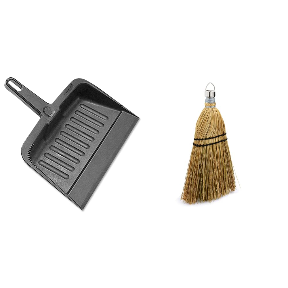 Rubbermaid Commercial Products Heavy-Duty Dustpan, Charcoal Color & Commercial 12 Inch Corn Whisk Broom, Yellow, Flagged Natural Bristles